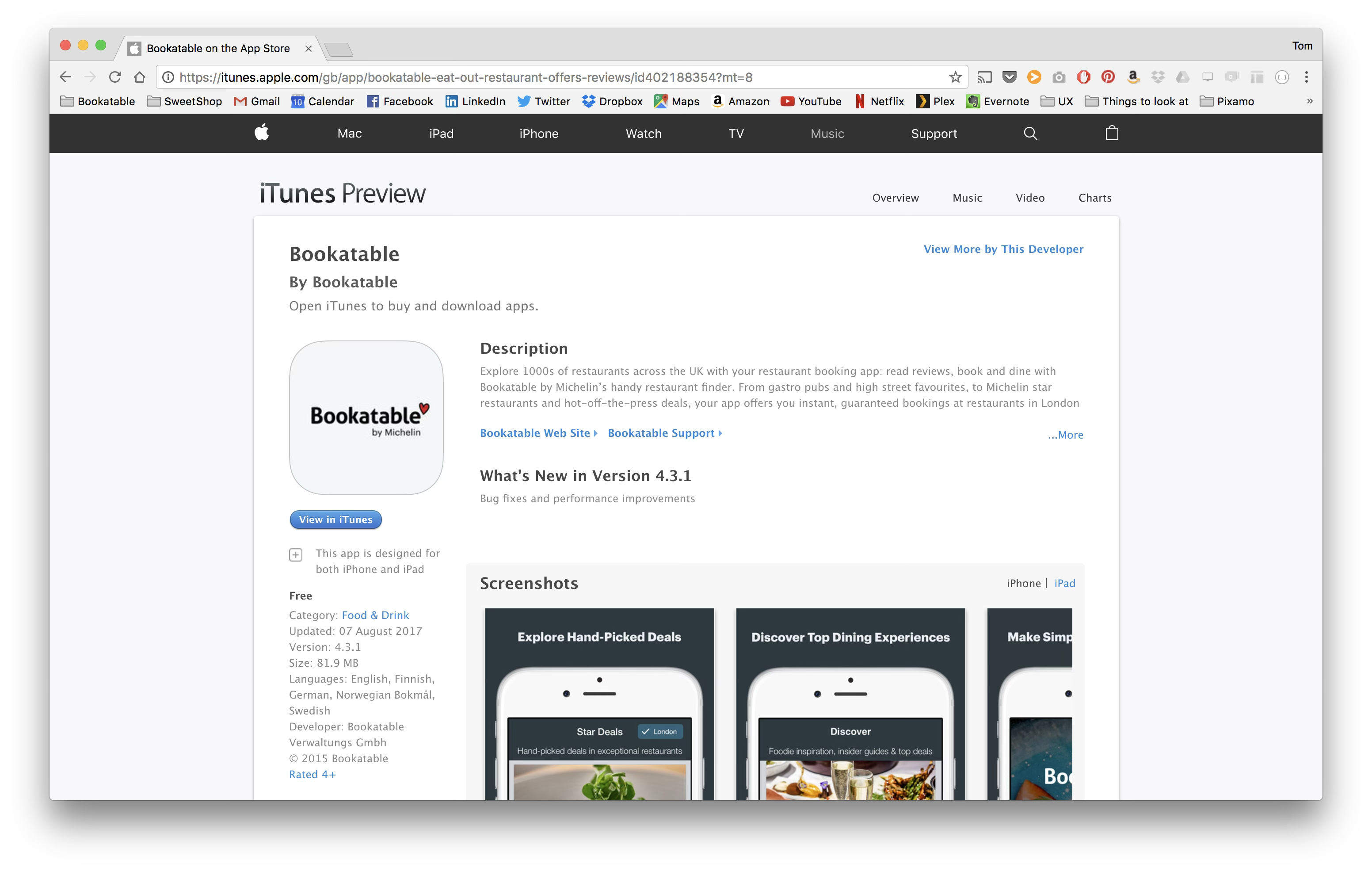 Bookatable on the App Store — version 4.3.1, Food & Drink, with the shipped app's screenshots