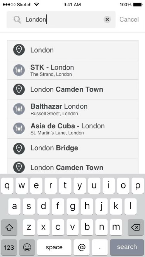 Search — typeahead mixing locations and restaurant names