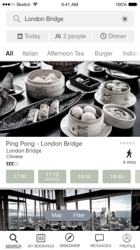 Results — date, covers and time filters over restaurant cards with bookable slots