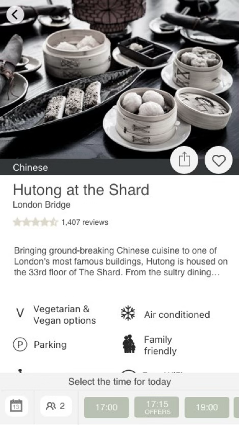 Restaurant page — reviews, facilities, and a time picker docked to the bottom