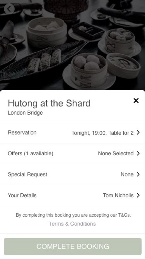 Booking card — reservation, offers, special request and your details in one sheet