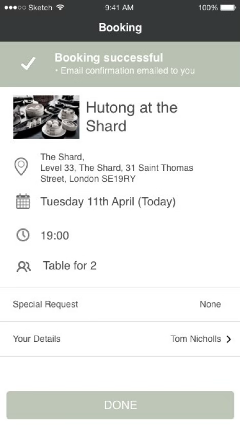 Confirmation — booking successful, with address, date, time and covers