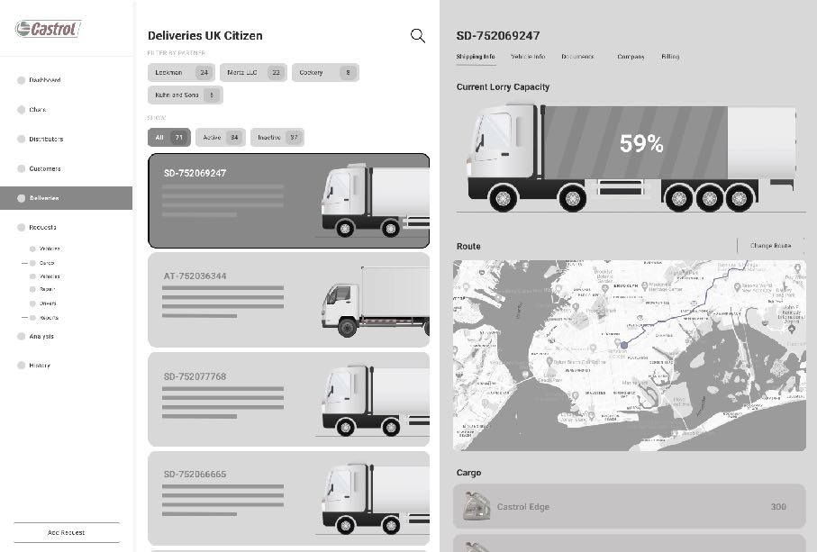 Wireframes showing customers where their Castrol lubricant deliveries currently are, and staff the location and status of each truck
