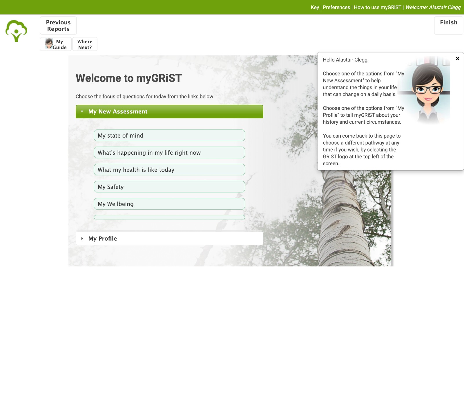 The old eGRiST welcome page, with a list of assessment questions over a photo of trees