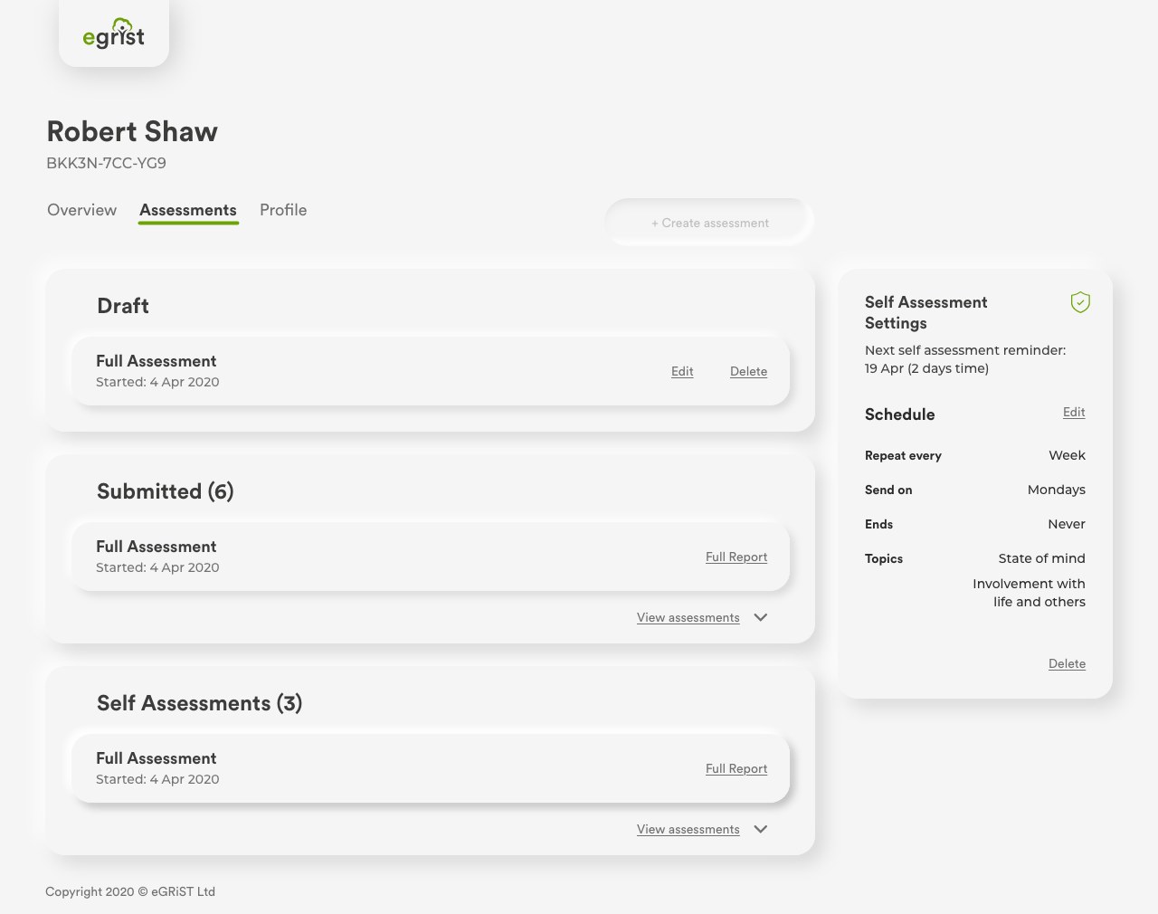 The assessments tab: drafts, submitted and self assessments