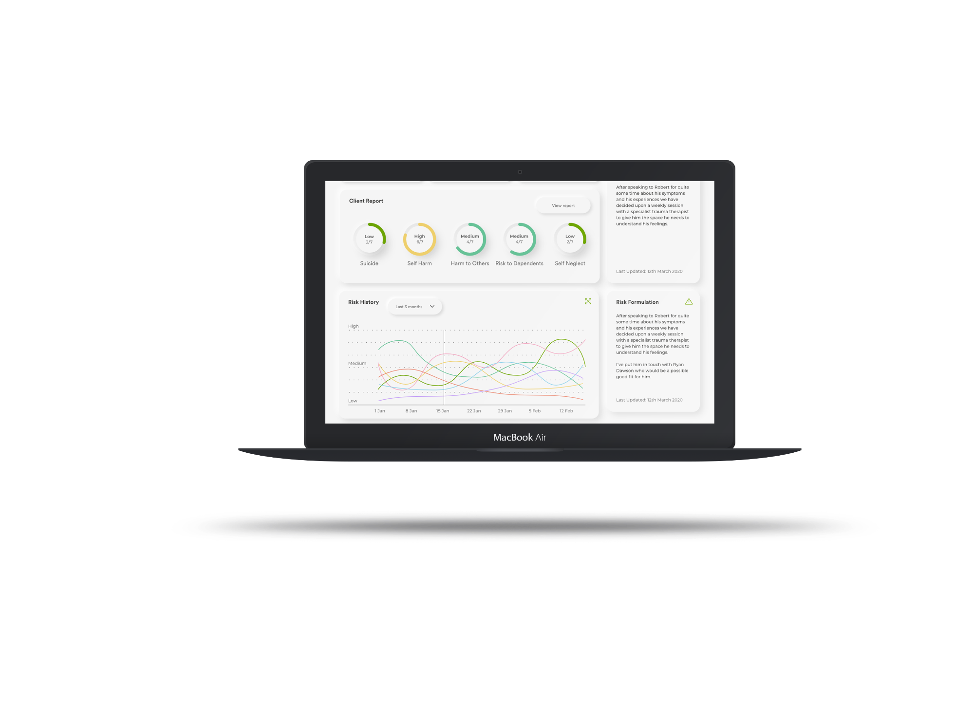 The client overview on a laptop, with risk gauges and a risk history chart