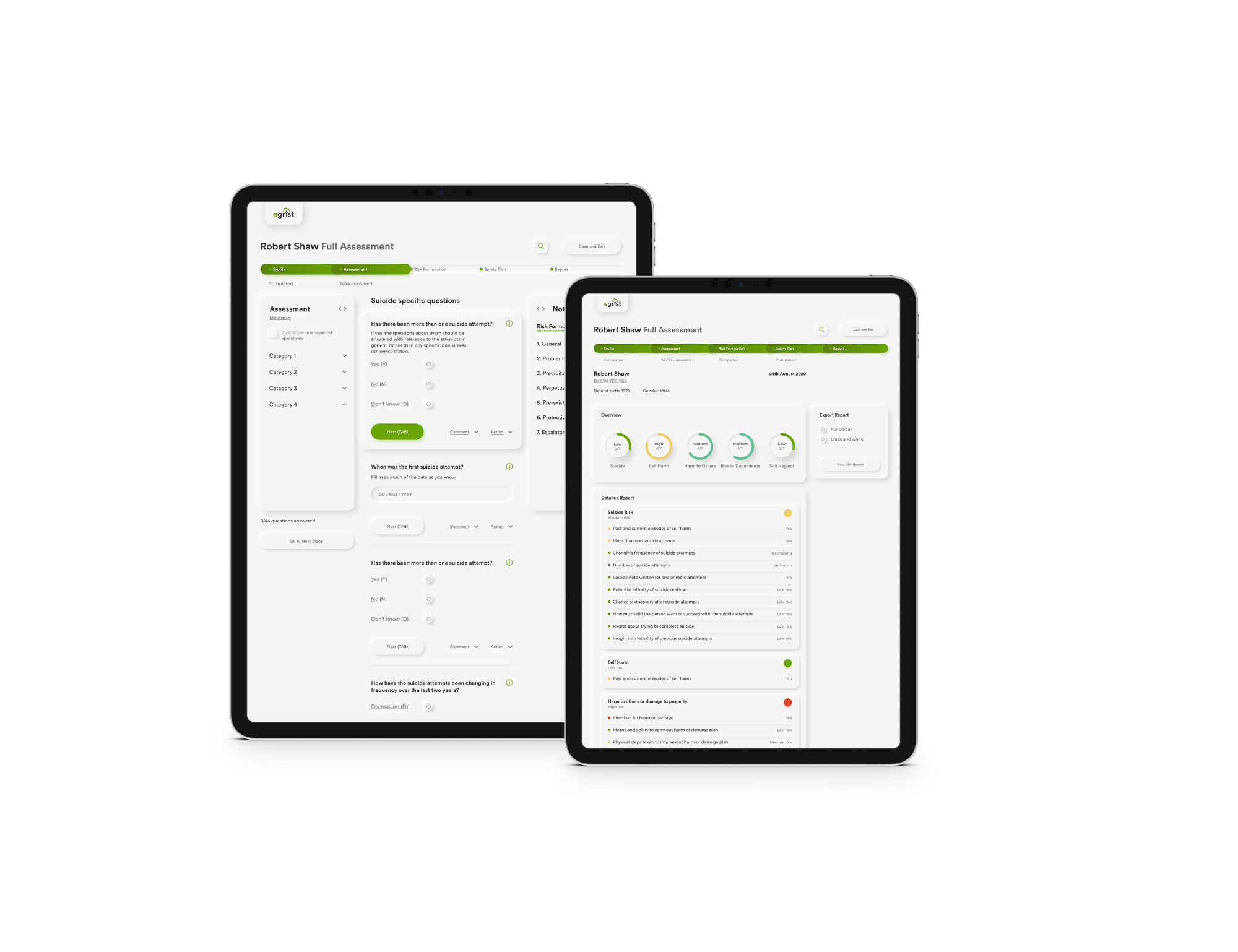 The assessment and client report on two tablets