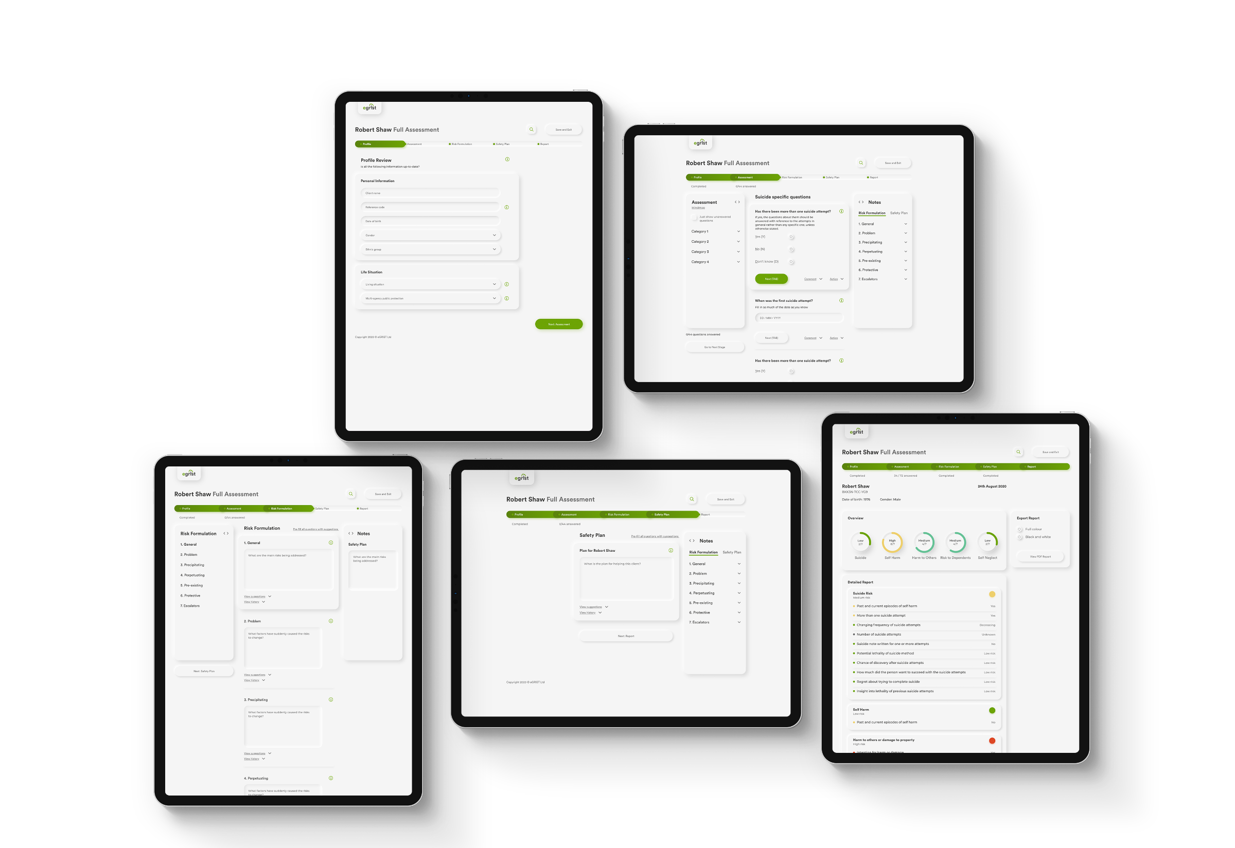 The five steps of a full assessment on five tablets