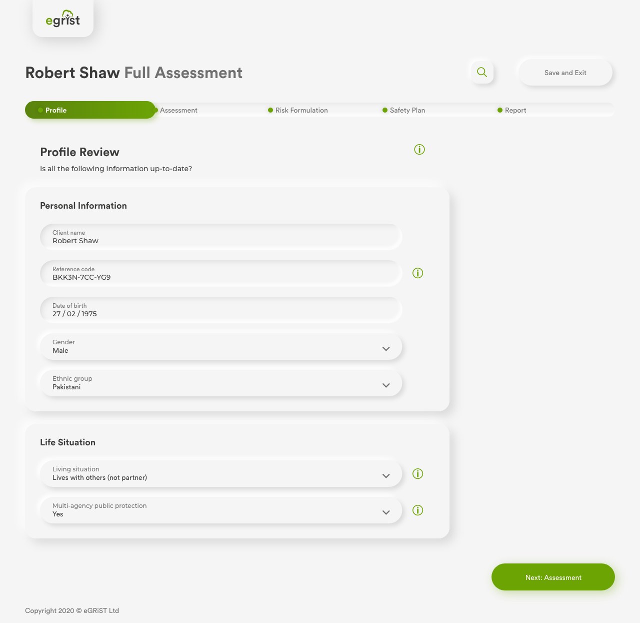 The new assessment: a profile review step with clear sections and a save button