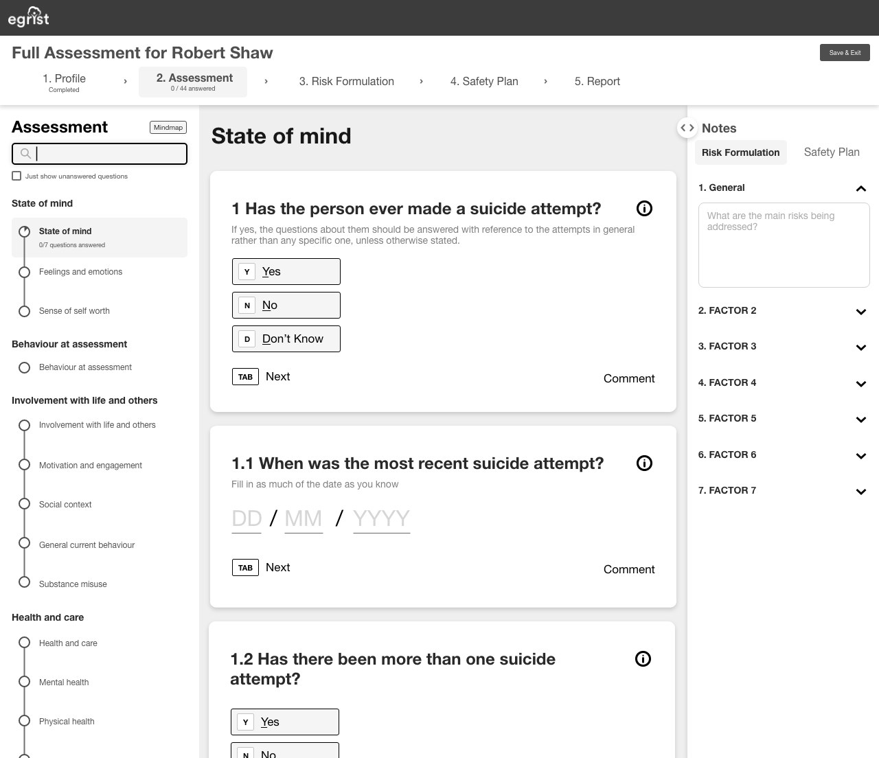 Wireframe of a full assessment with sections, questions and notes side by side