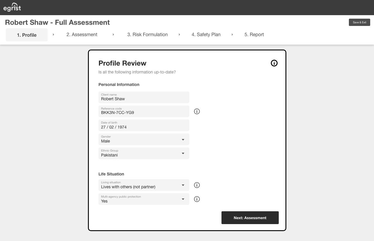 Wireframe of the profile review step of a full assessment