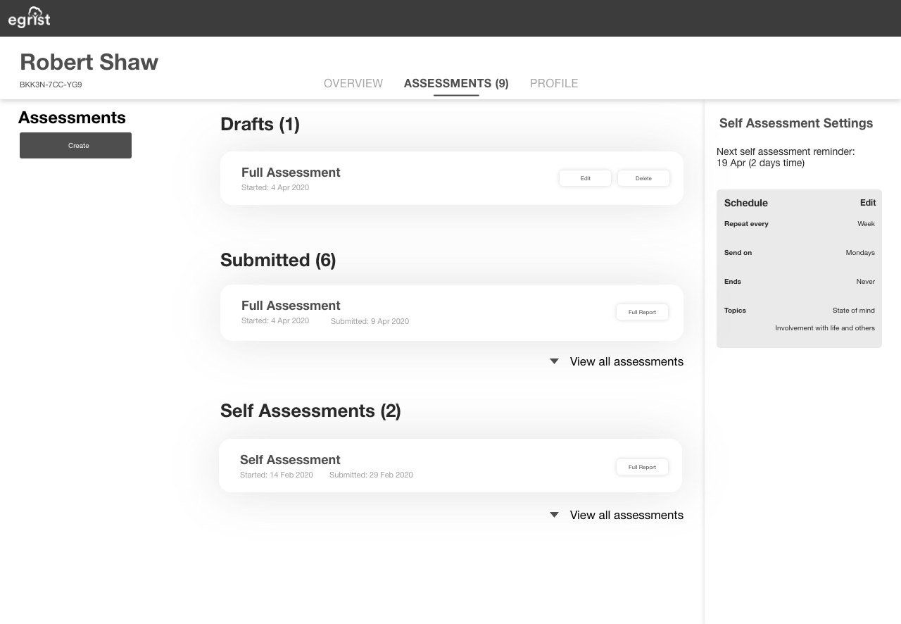 Wireframe of assessments grouped into drafts, submitted and self assessments
