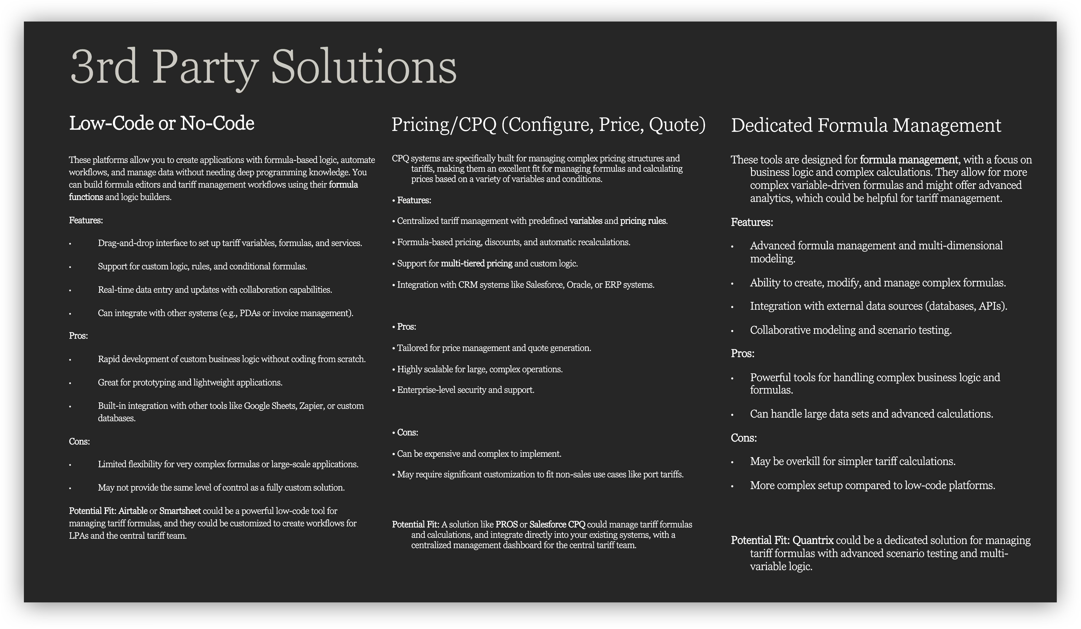 Assessment of third-party solution categories — low-code, CPQ and formula management — with features, pros, cons and potential fit