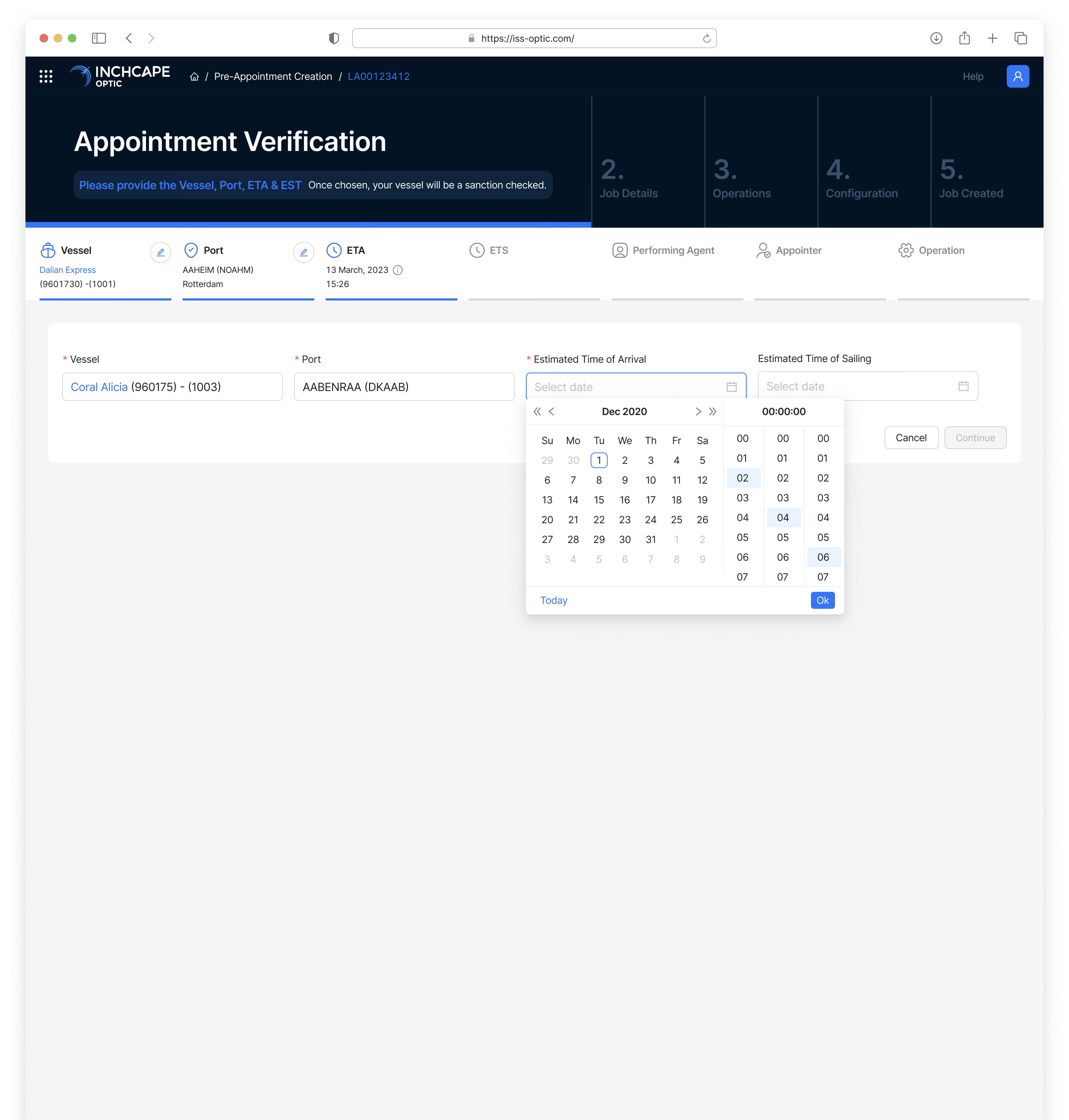Appointment verification screen — vessel, port, ETA and ETS entered against a five-step progress rail, with a date and time picker open