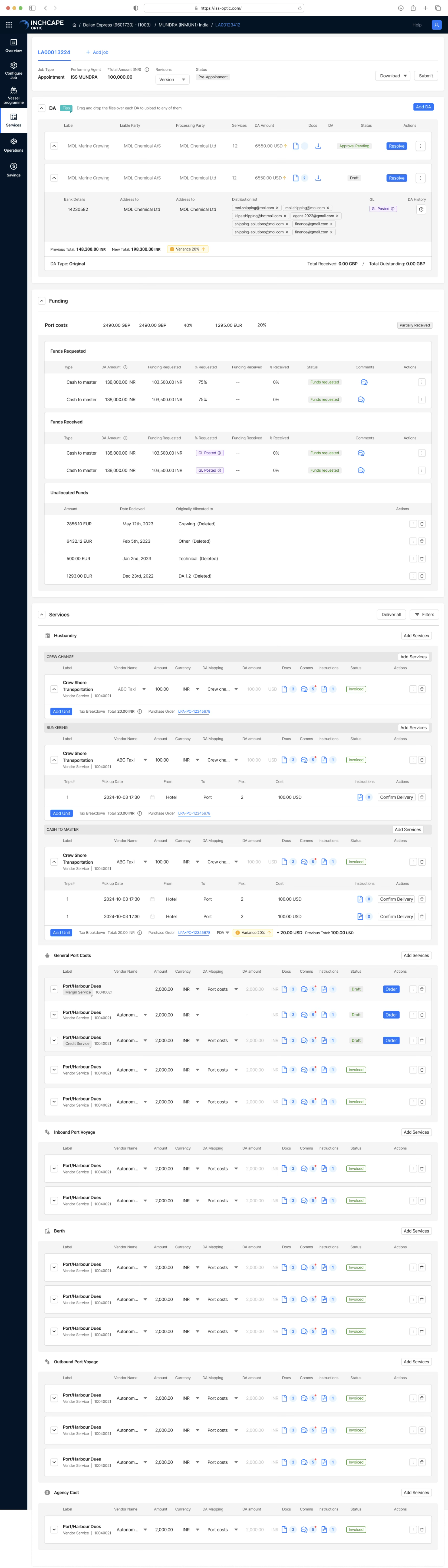 The job screen — disbursement accounts, funding, and services grouped by husbandry, port costs, berth and voyage, each line priced