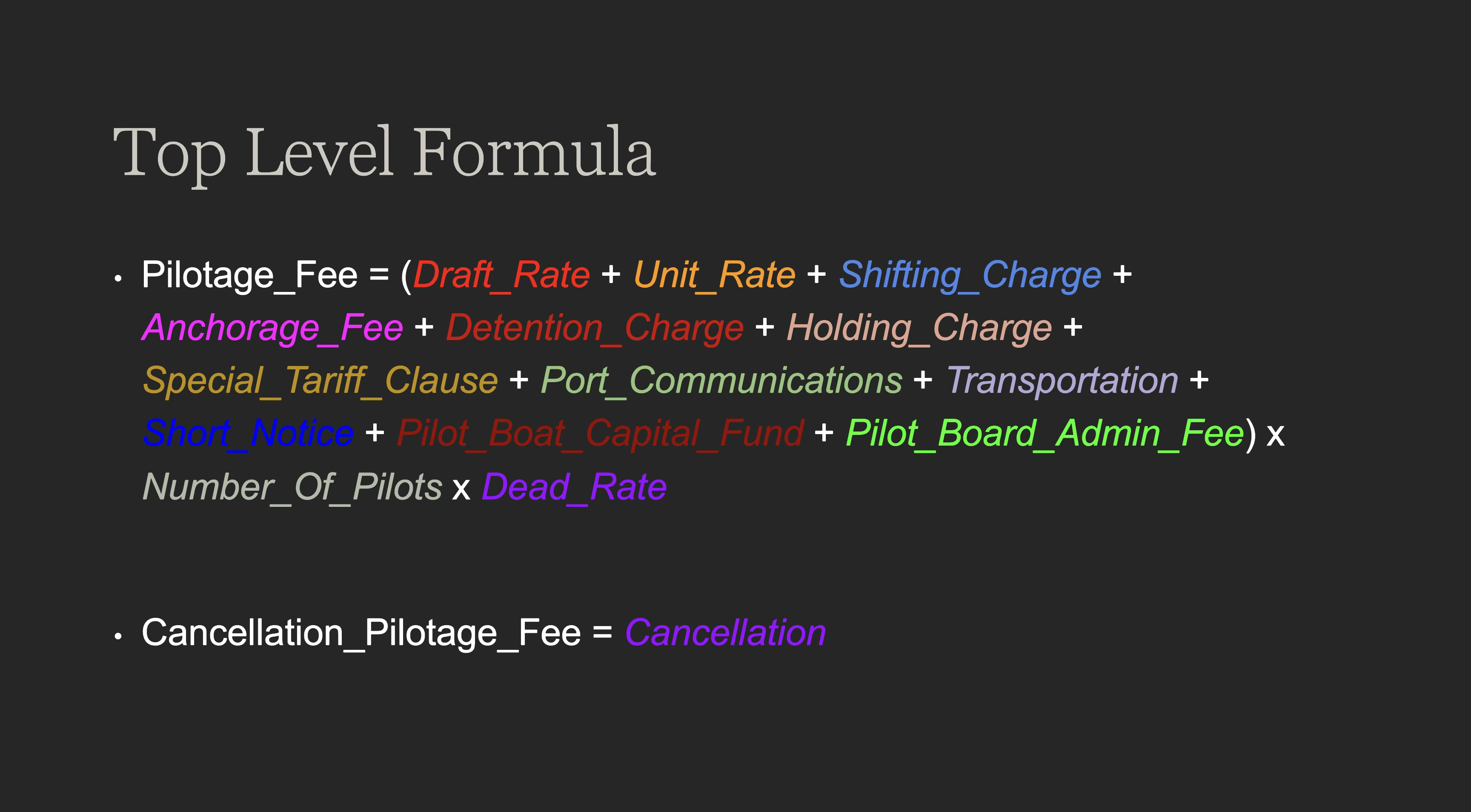 Top level formula slide — pilotage fee expressed as a sum of colour-coded variables