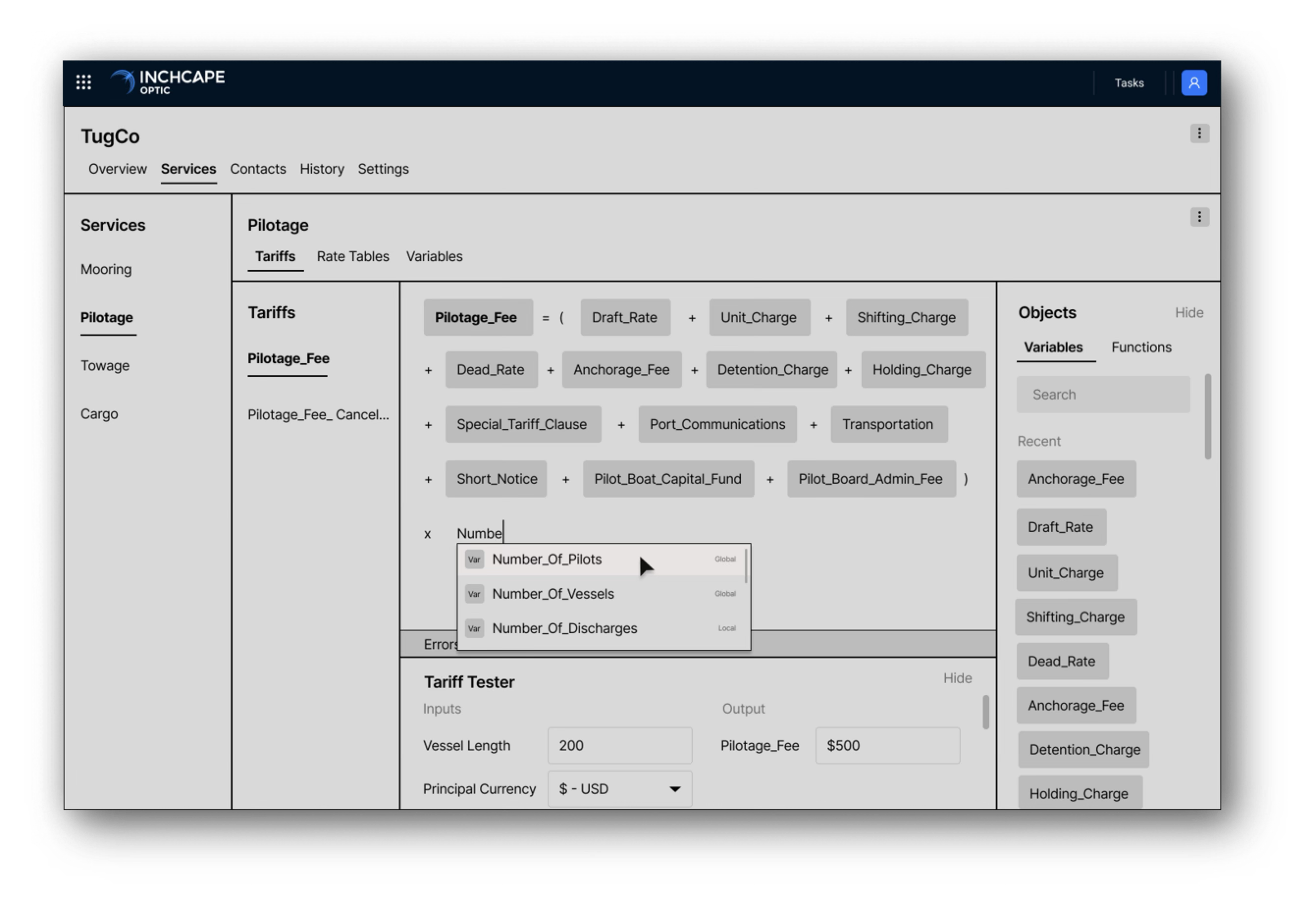 Wireframe of the tariff editor — Pilotage_Fee formula built from variable tokens, an autocomplete of variables, and a tariff tester showing the output price