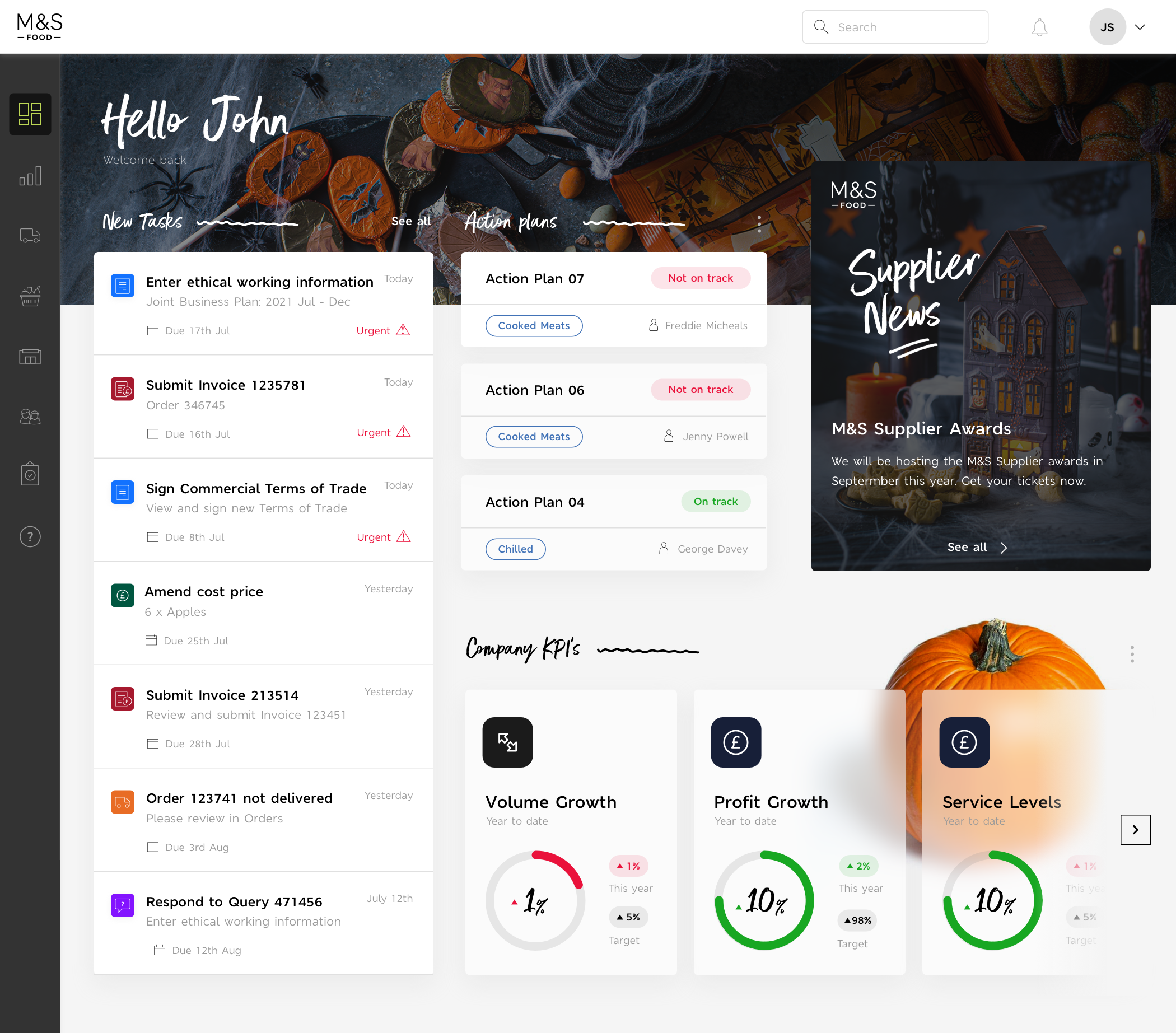The M&S Food supplier portal dashboard — tasks, action plans, supplier news and company KPIs