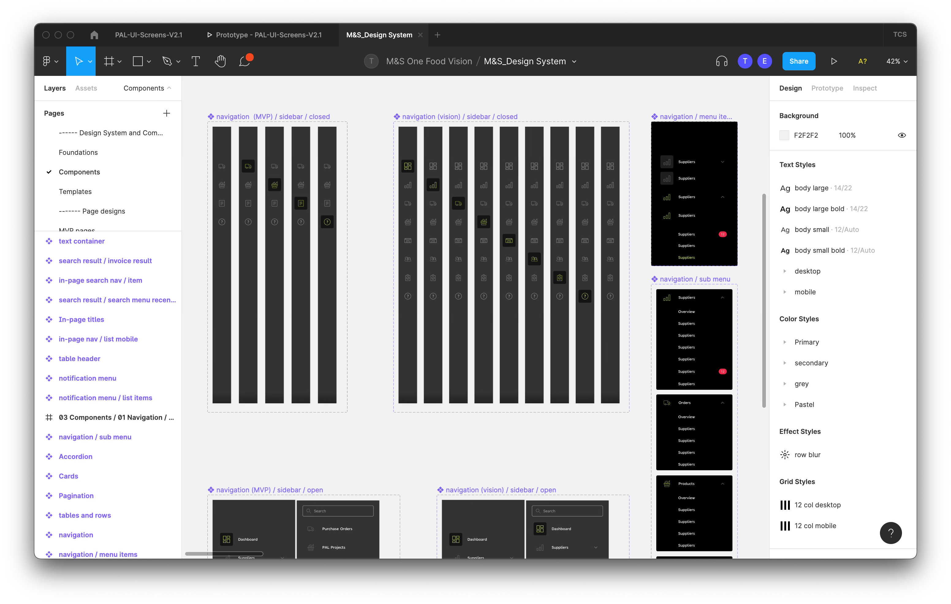 The M&S design system file in Figma: component pages listed on the left, navigation components in MVP and vision variants on the canvas, and text, colour, effect and grid styles on the right