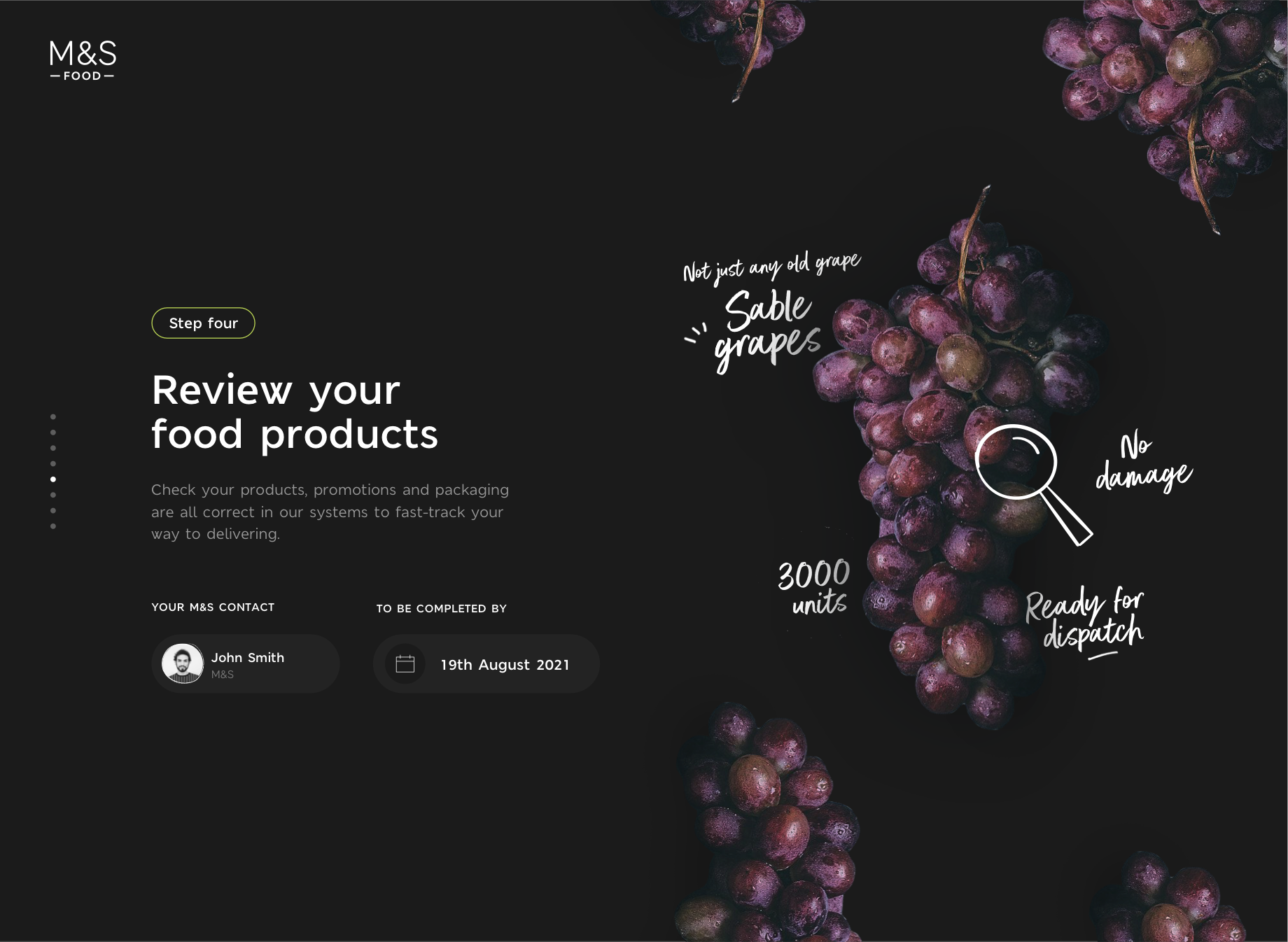 A supplier onboarding step — Review your food products, step four of a sequence, with the M&S contact and a completion date