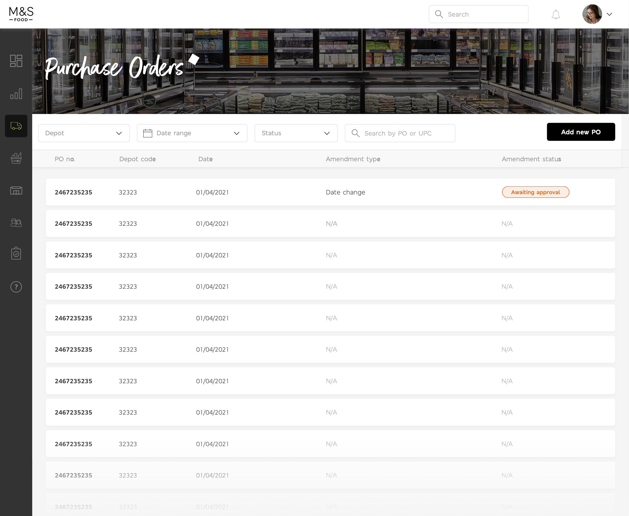 Purchase orders on desktop: depot, date range and status filters over a table of PO number, depot code, date, amendment type and amendment status