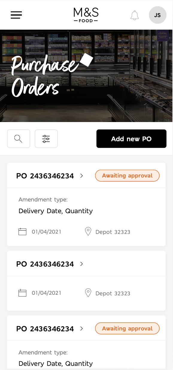 Purchase orders on mobile: the same list as stacked cards, each showing PO number, approval status, amendment type, date and depot