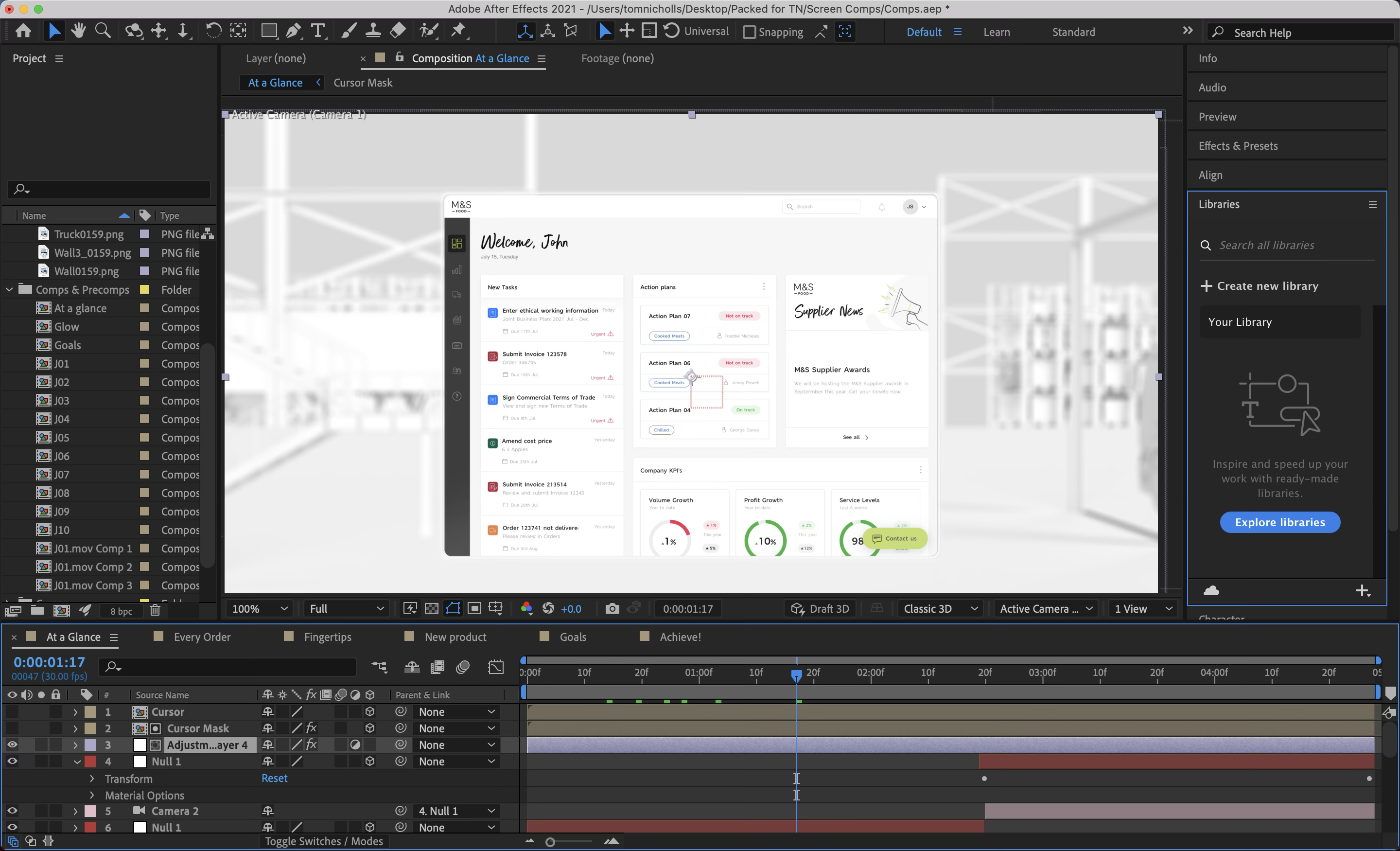 The sizzle video's After Effects project: the At a Glance composition showing the dashboard composited into a blurred 3D warehouse, with the comp list and animation timeline around it