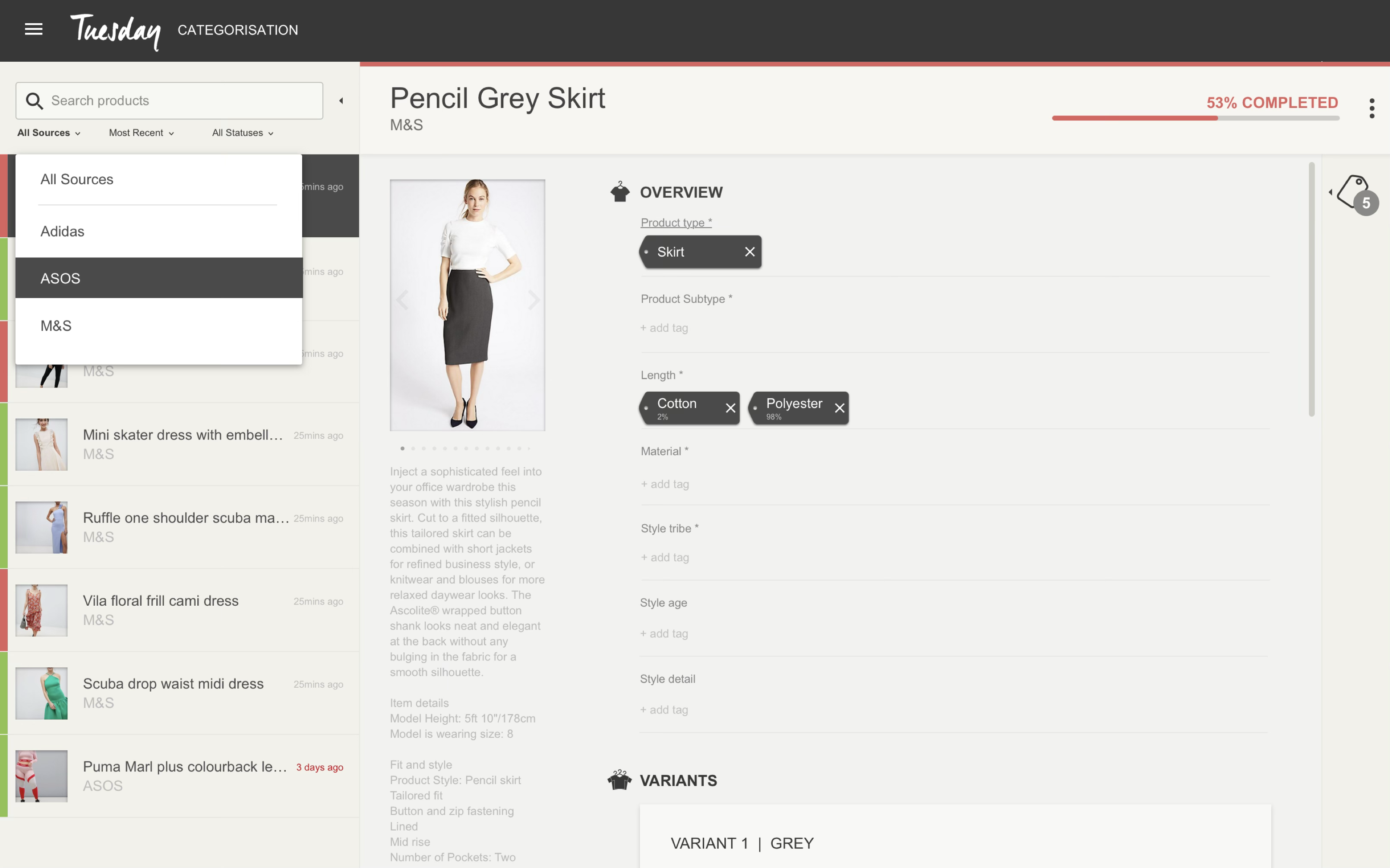 The Tuesday categorisation tool — a product queue by source, the ingested item, and tag fields for product type, length, material, style tribe, age and detail