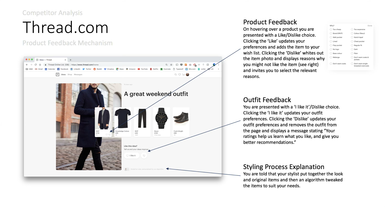 Competitor analysis of Thread.com — product feedback, outfit feedback and the styling process explanation annotated on the page