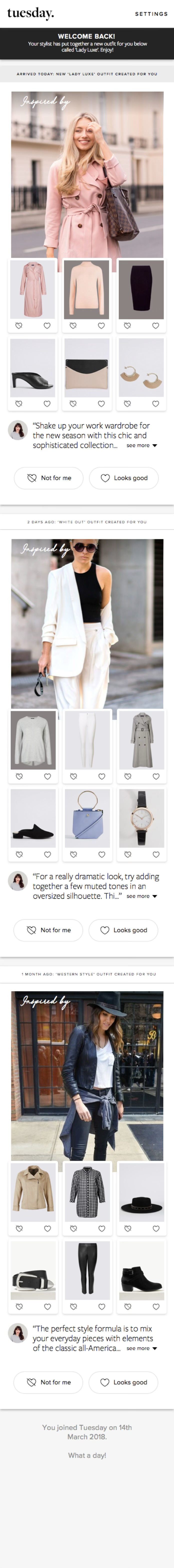 The Tuesday outfit feed — outfits from a stylist with like and dislike on every item
