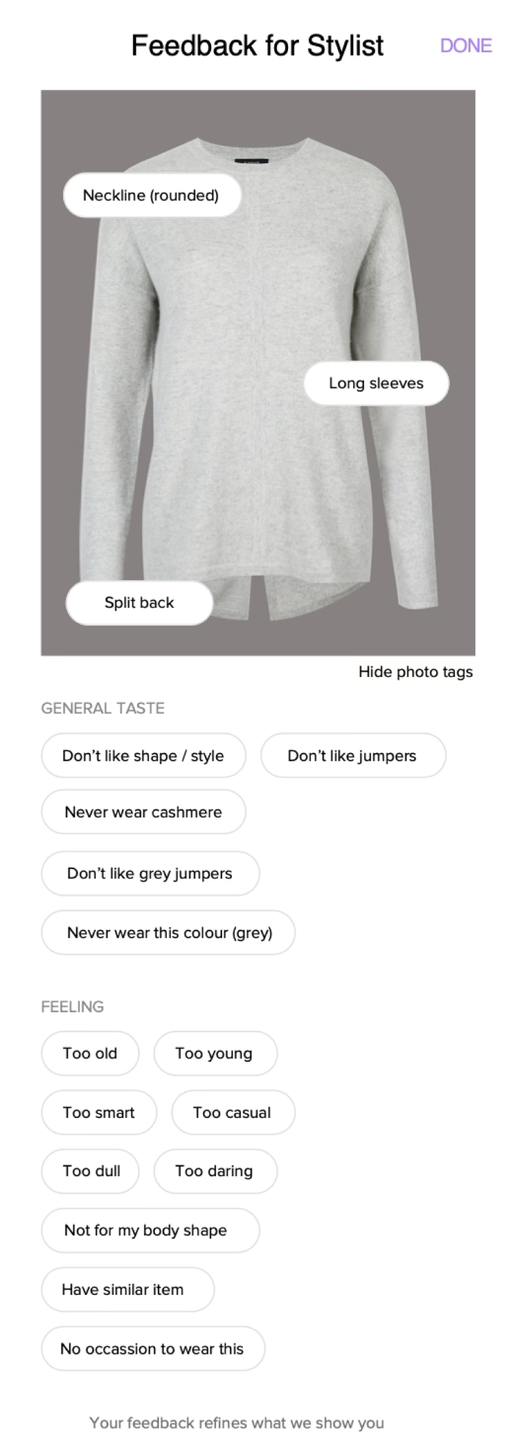 Feedback for stylist — photo tags on the garment, general taste and feeling options
