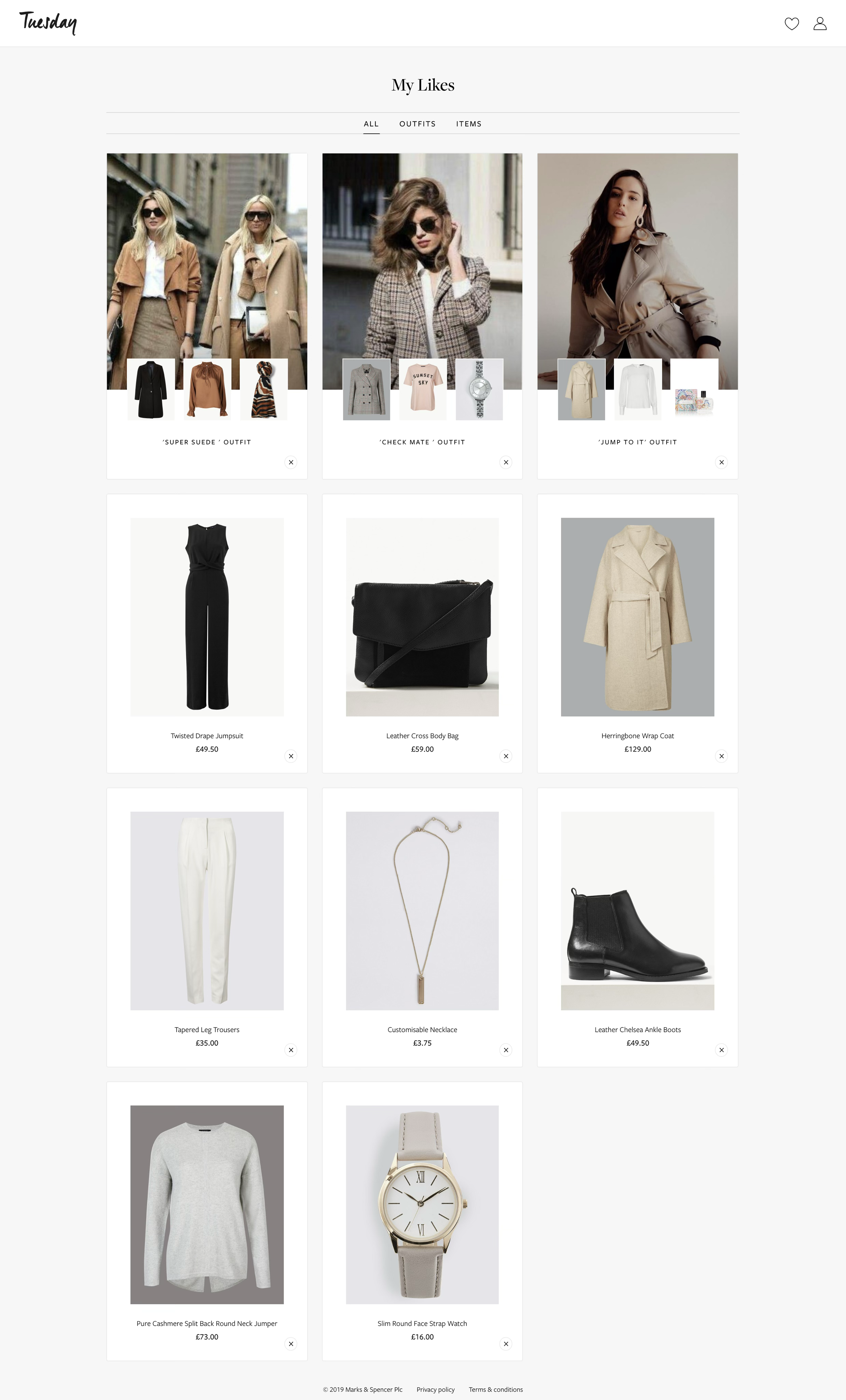 The Tuesday My Likes page — liked outfits and individual items in a grid