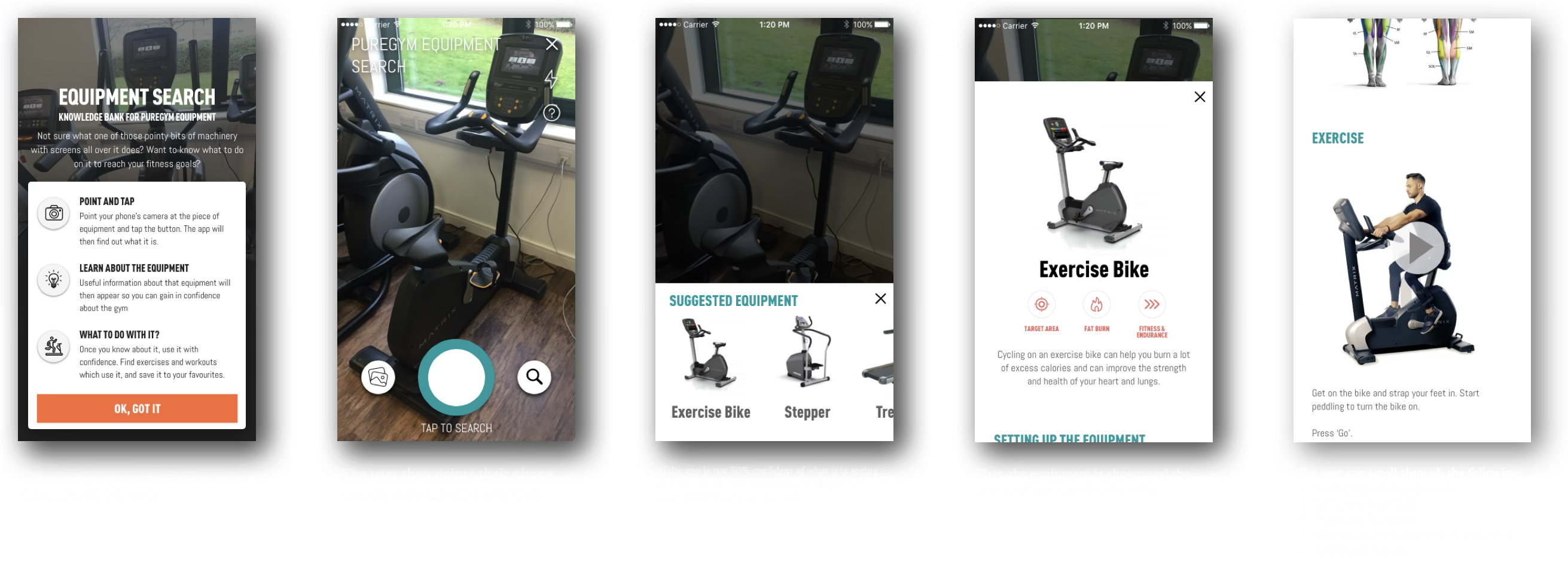 Equipment recognition flow — explainer, camera search, suggested equipment, equipment page and exercise guide