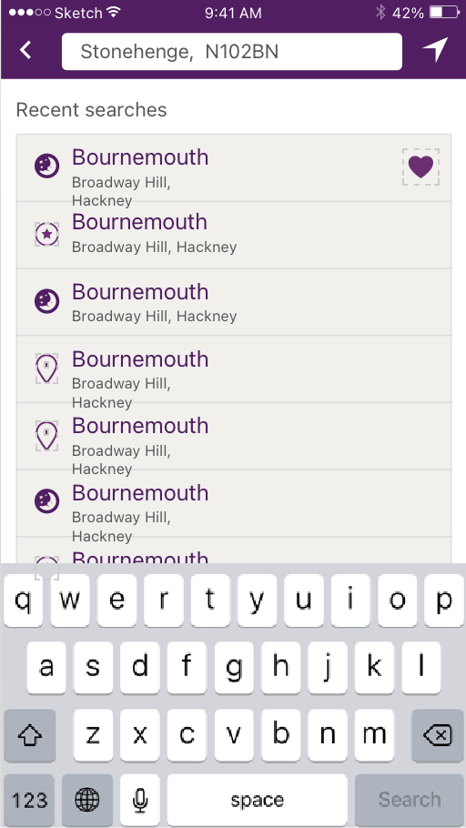iOS design: Recent searches, with favourites marked by a heart