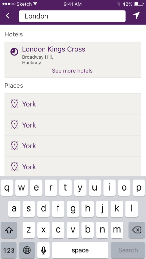 iOS design: Search as you type, split into hotels and places