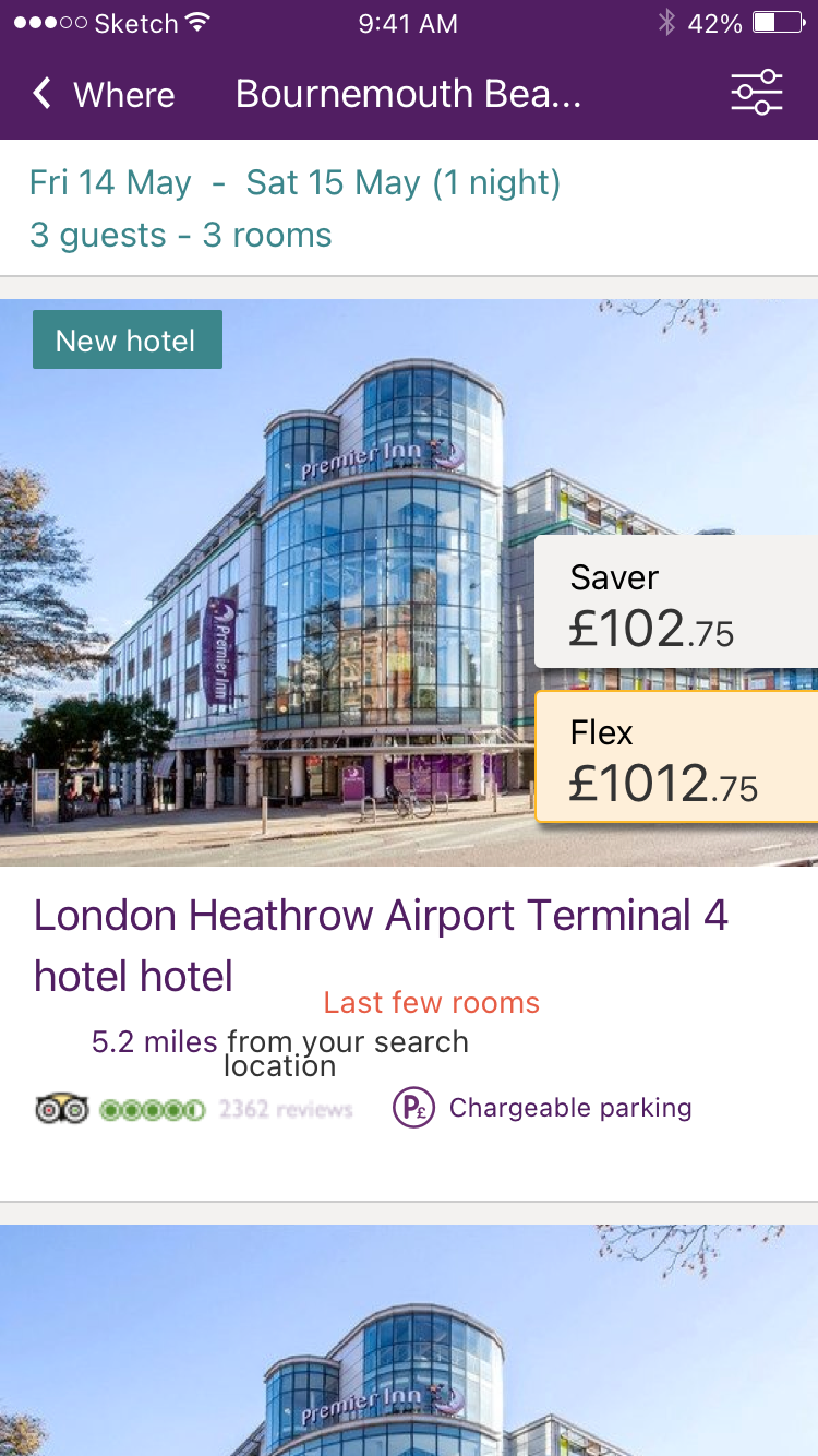iOS design: Search results, with Saver and Flex prices on the photo