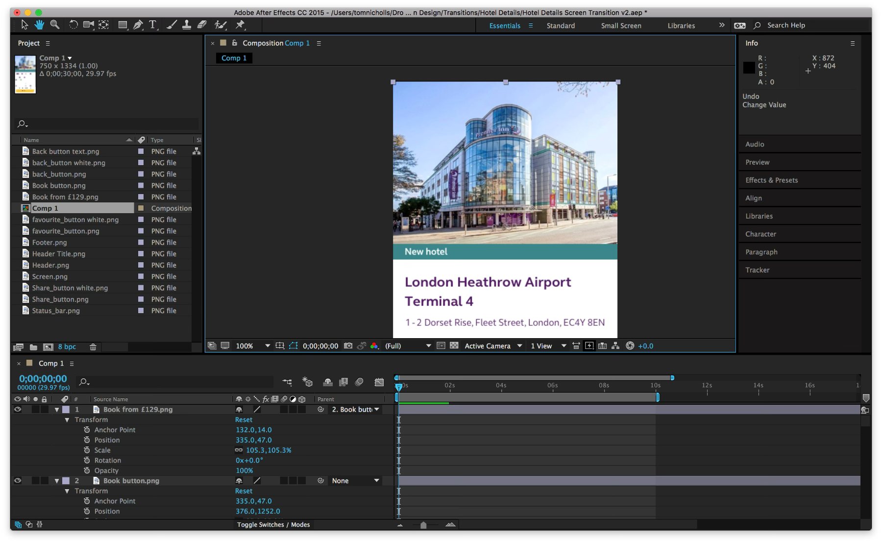 After Effects project for the transition from the search results screen to the hotel details screen