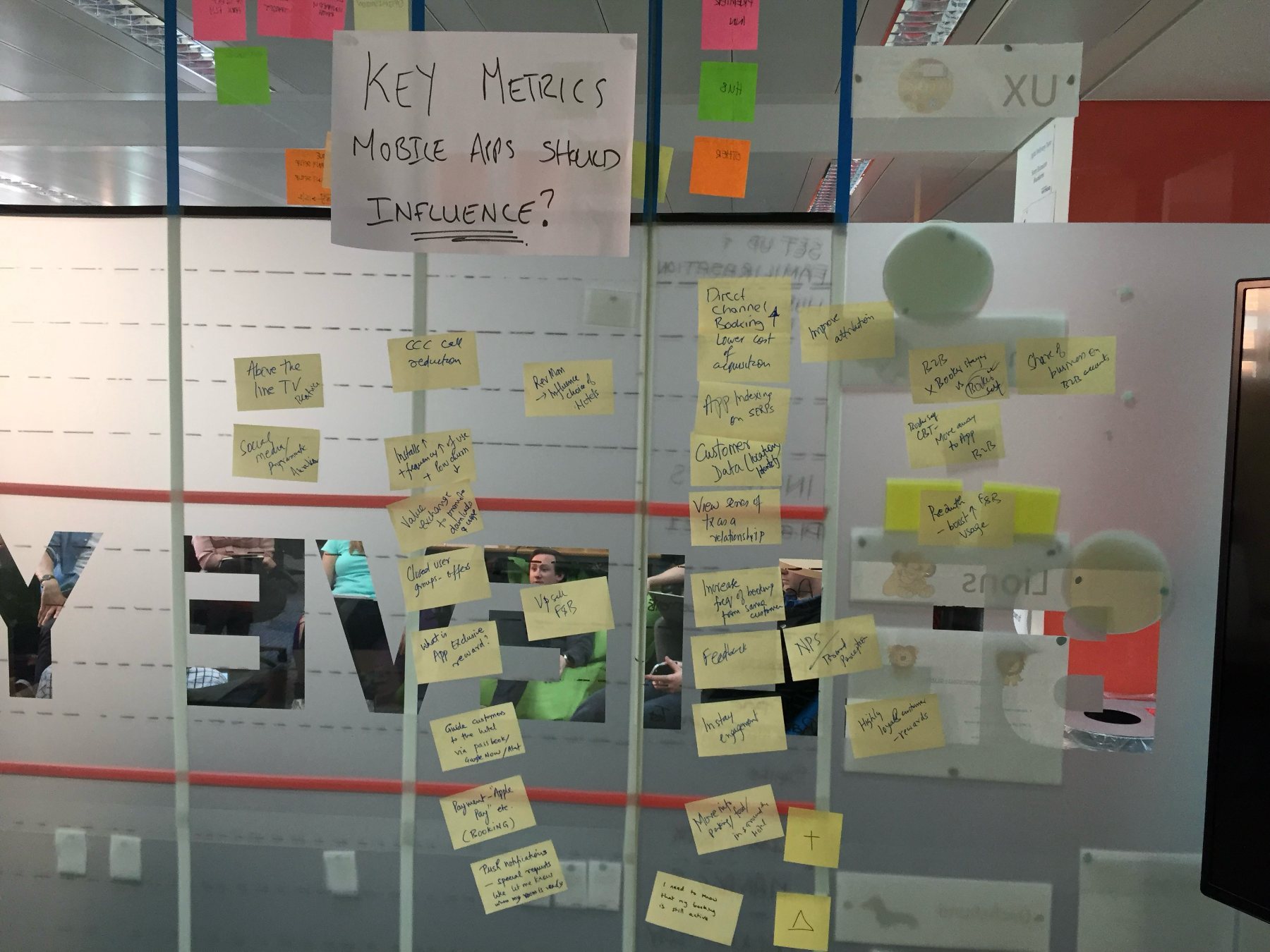 A glass wall covered in sticky notes under the heading: Key metrics mobile apps should influence?