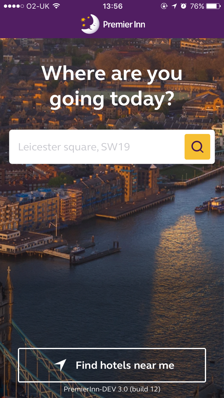 The new app landing screen: one question and one search field over a photo of London