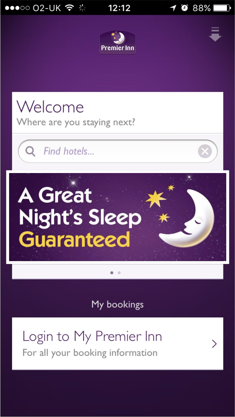 The old Premier Inn app home screen: a welcome message, a hotel search field, a promotional banner and a login link