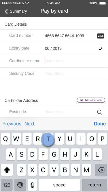 Wireframe: card number and expiry filled in automatically