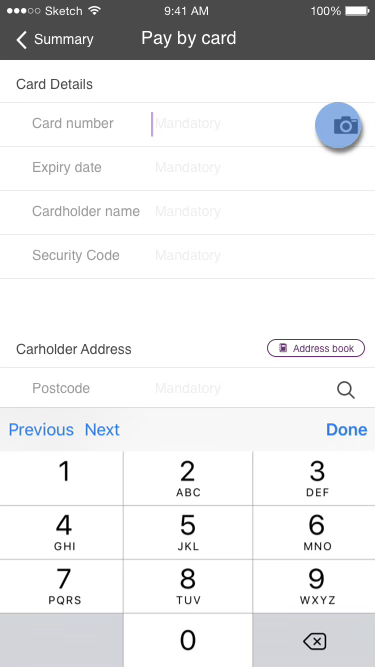 Wireframe: card details form with a camera button