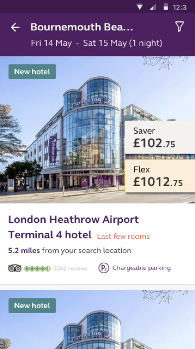 The finished Android search results screen: hotel photo with Saver and Flex prices, distance from the search location, reviews and parking
