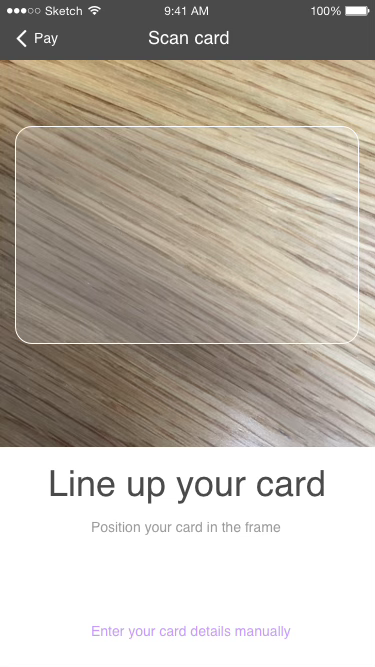 Wireframe: scan card screen with a frame to line up the card