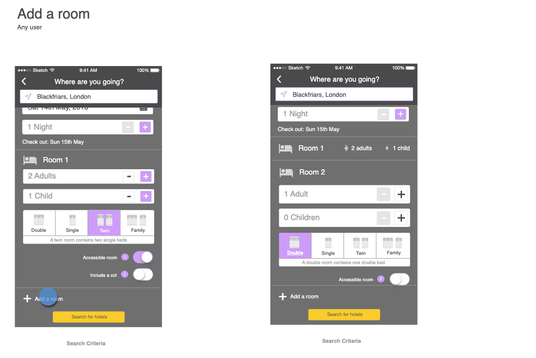 Two wireframes: tapping Add a room, and the first room folded into a one-line summary above the new one