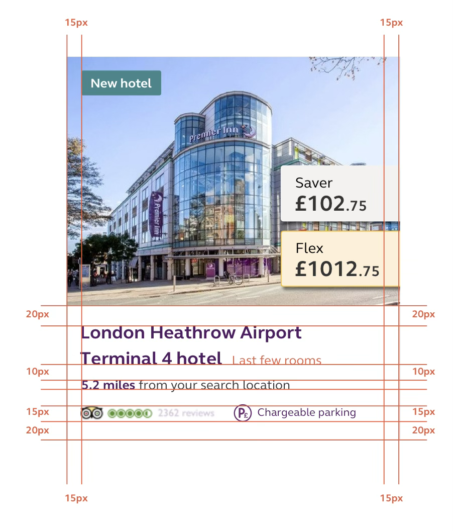 Search result card with spacing measurements: 15px side margins and 10 to 20px vertical spacing
