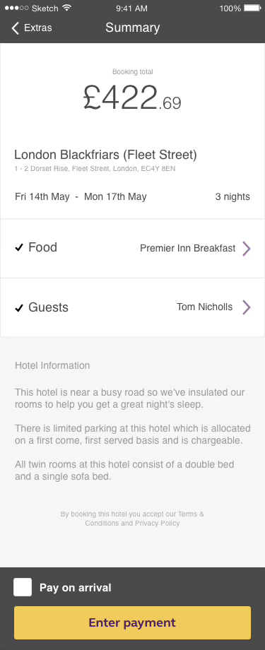 Wireframe: booking summary with total, dates, food and guests