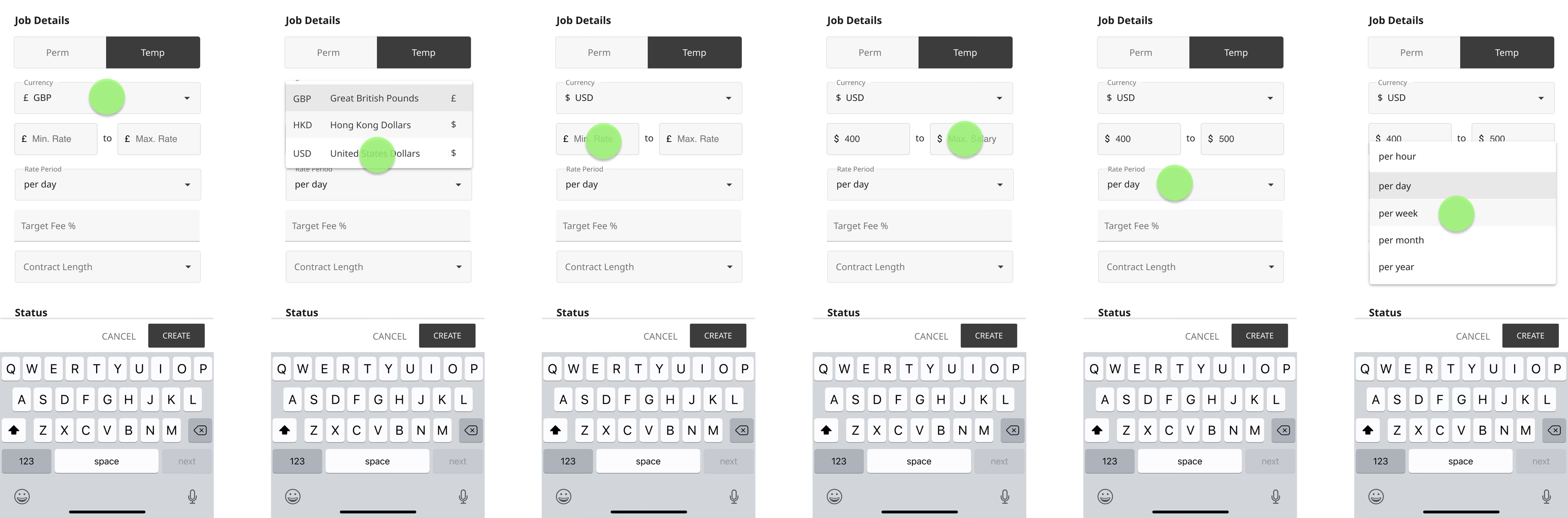 Detailed screen flow for filling in a candidate record
