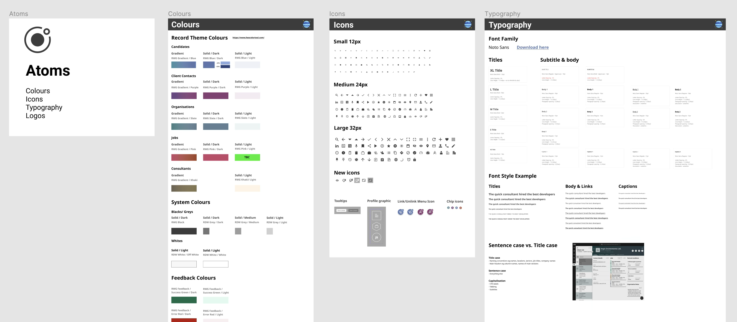 Design system — atoms, colours, icons and typography