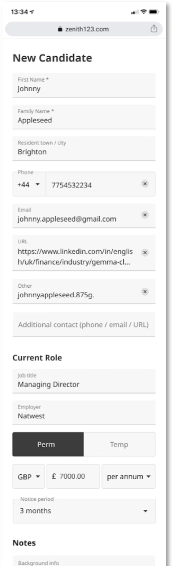 Prototype of the quick-create candidate form on mobile